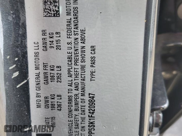 2015 Buick Verano with VIN 1G4PP5SK1F4209847, listed as a Copart auction lot 58550065 with 53,626 mi miles and Salvage title. Bid and sale history available at DreamBid. Image 12.