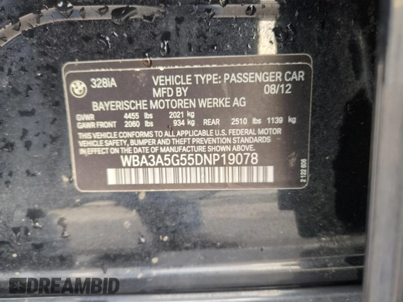 2013 BMW 3 Series 328i with VIN WBA3A5G55DNP19078, listed as a Copart auction lot 51462795 with 93,174 mi miles and Salvage Title. Bid and sale history available at carsss.com. Image 12.