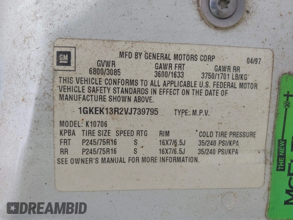 1997 GMC Yukon with VIN 1GKEK13R2VJ739795, listed as a IAAI auction lot 42011678 with 185,306 mi miles. Bid and sale history available at carsss.com. Image 9.