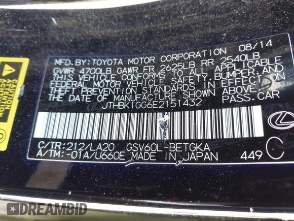 2014 Lexus ES 330 z VIN JTHBK1GG6E2151432, wystawiony jako IAAI lot #42327631 z przebiegiem 179 535 mil mil oraz . Historia ofert i sprzedaży dostępna na DreamBid. Obrazek 9.