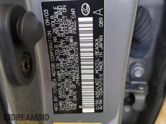 2004 Lexus ES 350 with VIN JTHBA30G745007278, listed as a Copart auction lot 52896765 with 209,119 mi miles and Salvage Title. Bid and sale history available at DreamBid. Image 12.