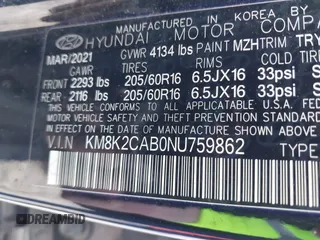 2022 Hyundai Kona SE with VIN KM8K2CAB0NU759862, listed as a IAAI auction lot 41506479 with 146,006 mi miles. Bid and sale history available at carsss.com. Image 9.