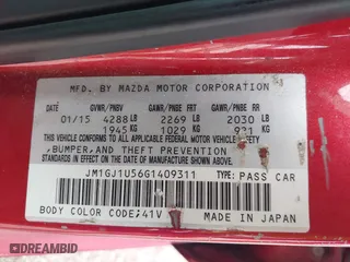 2016 Mazda Mazda6 i Sport with VIN JM1GJ1U56G1409311, listed as a IAAI auction lot 41906256 with 126,548 mi miles. Bid and sale history available at carsss.com. Image 9.