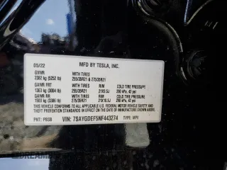 2022 Tesla Model Y Performance with VIN 7SAYGDEF5NF443274, listed as a Copart auction lot 49581905 with Not provided miles and Salvage title. Bid and sale history available at DreamBid. Image 14.