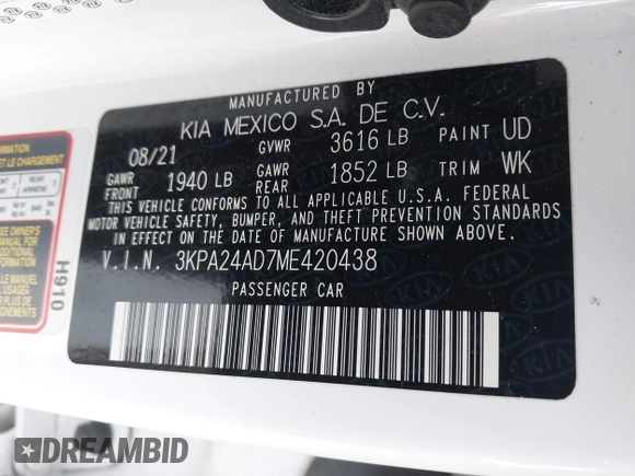 2021 Kia Rio LX with VIN 3KPA24AD7ME420438, listed as a IAAI auction lot 42030510 with 13,927 mi miles. Bid and sale history available at carsss.com. Image 9.