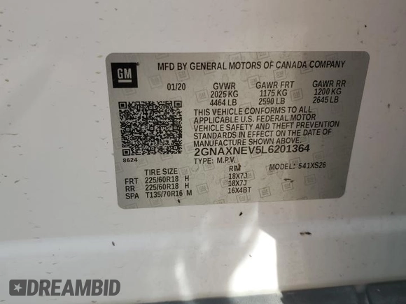 2020 Chevrolet Equinox Premier z VIN 2GNAXNEV5L6201364, wystawiony jako Copart lot #53293525 z przebiegiem Nie podano mil oraz Szkoda całkowita • Salvage title. Historia ofert i sprzedaży dostępna na DreamBid. Obrazek 12.