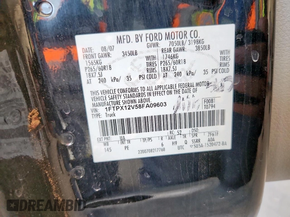 2008 Ford F-150 XL z VIN 1FTPX12V58FA09603, wystawiony jako Copart lot #60106975 z przebiegiem 199 340 mil mil oraz Szkoda całkowita • Salvage title. Historia ofert i sprzedaży dostępna na DreamBid. Obrazek 12.