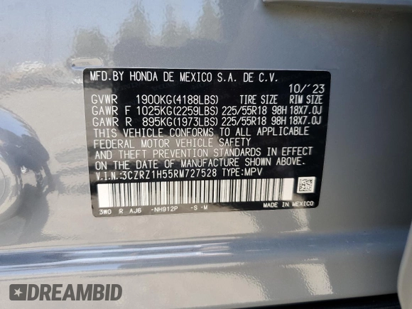 2024 Honda HR-V Sport с VIN 3CZRZ1H55RM727528, выставлен на аукционе Copart как лот 58875245 с пробегом 10 717 миль миль и Списание • Salvage title. История ставок и продаж доступна на DreamBid. Изображение 13.