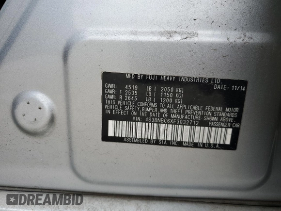 2015 Subaru Legacy Premium with VIN 4S3BNBC6XF3032712, listed as a Copart auction lot 50701275 with 113,659 mi miles and Salvage Title. Bid and sale history available at DreamBid. Image 12.