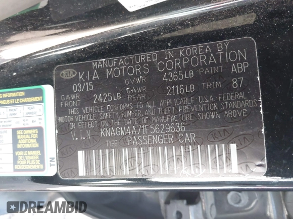 2015 Kia Optima LX z VIN KNAGM4A71F5629636, wystawiony jako IAAI lot #41677983 z przebiegiem 150 600 mil mil oraz . Historia ofert i sprzedaży dostępna na DreamBid. Obrazek 9.