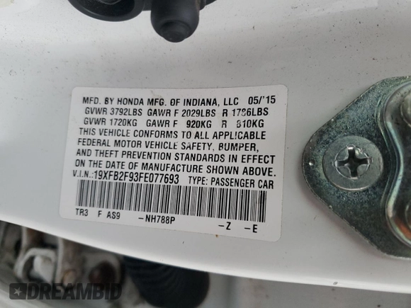 2015 Honda Civic Sedan EX-L with VIN 19XFB2F93FE077693, listed as a Copart auction lot 44203205 with 142,803 mi miles and Salvage Title. Bid and sale history available at carsss.com. Image 13.
