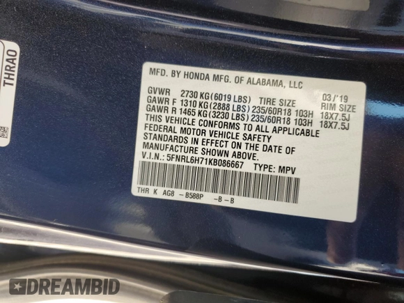 2019 Honda Odyssey EX-L z VIN 5FNRL6H71KB086667, wystawiony jako Copart lot #56718025 z przebiegiem 150 085 mil mil oraz Szkoda całkowita • Salvage title. Historia ofert i sprzedaży dostępna na DreamBid. Obrazek 13.