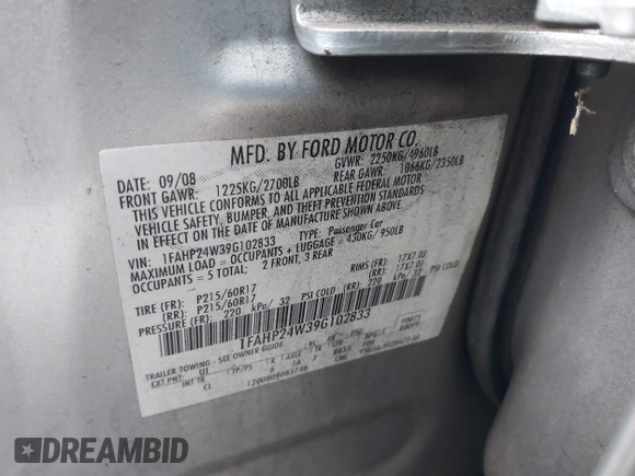 2009 Ford Taurus SEL with VIN 1FAHP24W39G102833, listed as a IAAI auction lot 40892334 with 288,418 mi miles. Bid and sale history available at carsss.com. Image 9.
