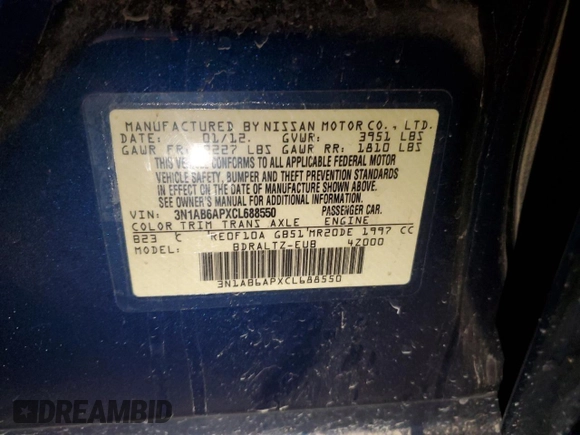 2012 Nissan Sentra S with VIN 3N1AB6APXCL688550, listed as a Copart auction lot 42645625 with 109,877 mi miles and Salvage title. Bid and sale history available at DreamBid. Image 12.