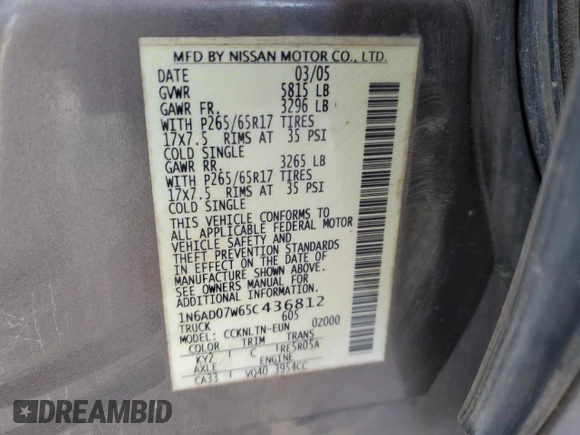 2005 Nissan Frontier 4WD LE with VIN 1N6AD07W65C436812, listed as a Copart auction lot 77156274 with 173,903 mi miles and Salvage Title. Bid and sale history available at carsss.com. Image 14.