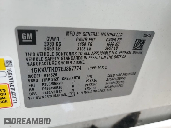 2014 GMC Acadia Denali with VIN 1GKKVTKD7EJ357774, listed as a Copart auction lot 52518175 with Not Provided miles and Salvage Title. Bid and sale history available at carsss.com. Image 13.