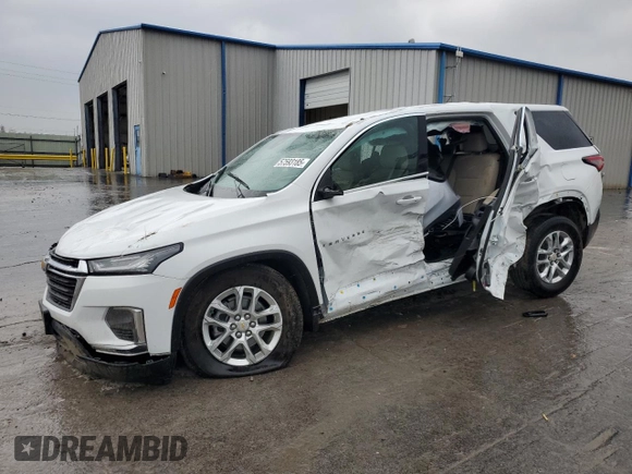 2023 Chevrolet Traverse LS z VIN 1GNERFKW3PJ343638, wystawiony jako Copart lot #57593185 z przebiegiem 20 270 mil mil oraz Szkoda całkowita • Salvage title. Historia ofert i sprzedaży dostępna na DreamBid. Obrazek 1.