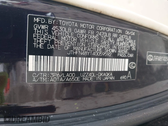 2004 Lexus SC 430 with VIN JTHFN48Y140059592, listed as a IAAI auction lot 42189576 with 101,014 mi miles and . Bid and sale history available at DreamBid. Image 9.