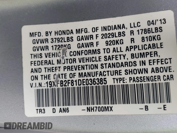2013 Honda Civic EX with VIN 19XFB2F81DE036385, listed as a IAAI auction lot 42026958 with 158,338 mi miles and . Bid and sale history available at DreamBid. Image 9.