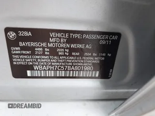 2011 BMW 3 Series 328i with VIN WBAPH7C57BA801980, listed as a IAAI auction lot 42100423 with 130,048 mi miles and . Bid and sale history available at DreamBid. Image 9.