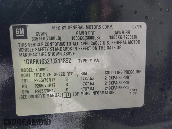 2007 GMC Yukon XL SLT z VIN 1GKFK16327J211852, wystawiony jako IAAI lot #42318099 z przebiegiem 225 000 mil mil oraz . Historia ofert i sprzedaży dostępna na DreamBid. Obrazek 9.