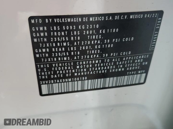 2022 Volkswagen Tiguan SE z VIN 3VV2B7AX9NM106198, wystawiony jako Copart lot #59867485 z przebiegiem 23 940 mil mil oraz Szkoda całkowita • Salvage title. Historia ofert i sprzedaży dostępna na DreamBid. Obrazek 13.