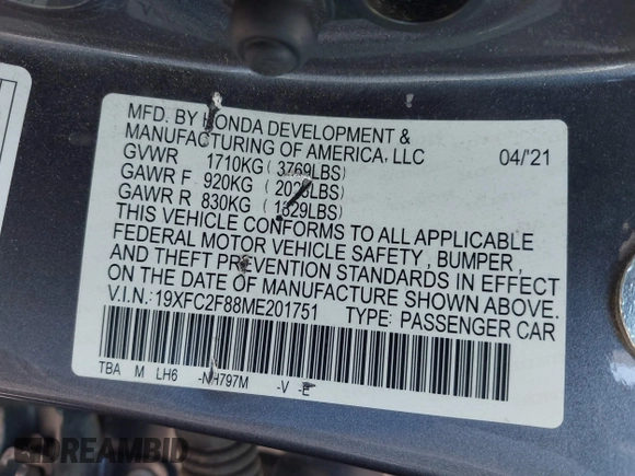 2021 Honda Civic Sedan Sport with VIN 19XFC2F88ME201751, listed as a IAAI auction lot 41643759 with 111,796 mi miles. Bid and sale history available at carsss.com. Image 9.