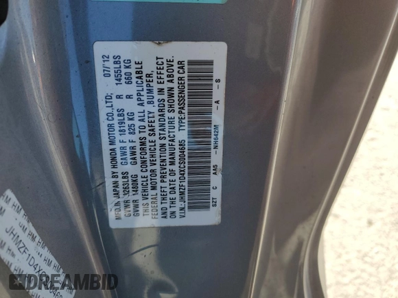 2012 Honda CR-Z with VIN JHMZF1D4XCS004685, listed as a Copart auction lot 88770935 with 205,553 mi miles and Salvage Title. Bid and sale history available at carsss.com. Image 12.