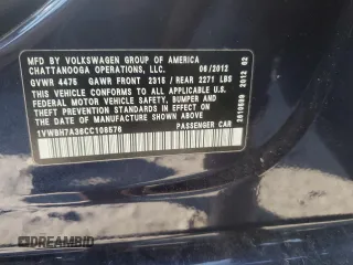 2012 Volkswagen Passat SE z VIN 1VWBH7A36CC108576, wystawiony jako Copart lot #56299105 z przebiegiem 110 815 mil mil oraz Szkoda całkowita • Salvage title. Historia ofert i sprzedaży dostępna na DreamBid. Obrazek 12.