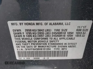 2017 Honda Pilot EX-L with VIN 5FNYF6H50HB101394, listed as a IAAI auction lot 42083318 with 159,359 mi miles and . Bid and sale history available at DreamBid. Image 9.