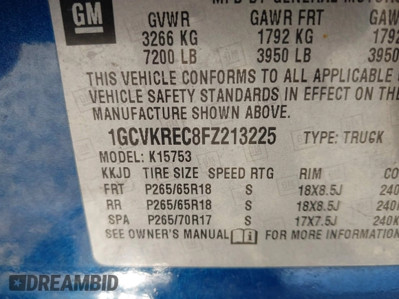 2015 Chevrolet Silverado 1500 LT with VIN 1GCVKREC8FZ213225, listed as a IAAI auction lot 42069659 with 201,171 mi miles. Bid and sale history available at carsss.com. Image 9.