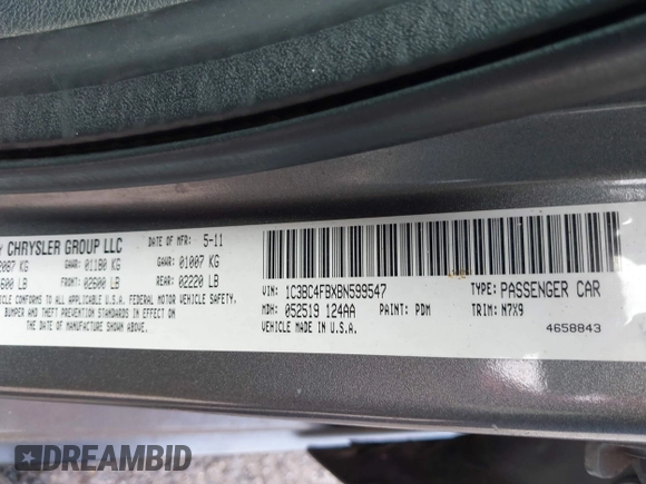 2011 Chrysler 200 LX with VIN 1C3BC4FBXBN599547, listed as a IAAI auction lot 41813043 with 1 mi miles. Bid and sale history available at carsss.com. Image 9.