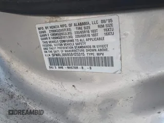 2005 Honda Odyssey EX-L with VIN 5FNRL38695B425315, listed as a IAAI auction lot 42175154 with Not provided miles and . Bid and sale history available at DreamBid. Image 9.