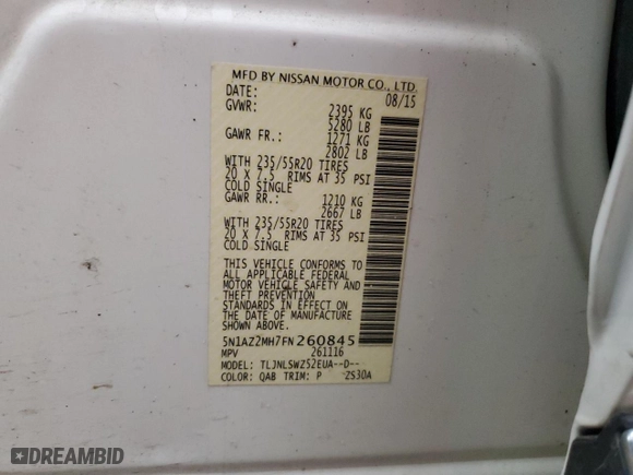 2015 Nissan Murano SL with VIN 5N1AZ2MH7FN260845, listed as a Copart auction lot 53277355 with 171,103 mi miles and Salvage Title. Bid and sale history available at carsss.com. Image 13.