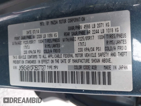 2015 Mazda CX-5 Sport with VIN JM3KE4BY0F0507727, listed as a IAAI auction lot 41249151 with 95,343 mi miles. Bid and sale history available at carsss.com. Image 9.