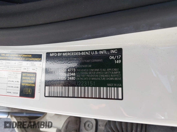2017 Mercedes-Benz C 300 with VIN 55SWF4KB2HU223151, listed as a IAAI auction lot 42305404 with 169,112 mi miles and . Bid and sale history available at DreamBid. Image 9.