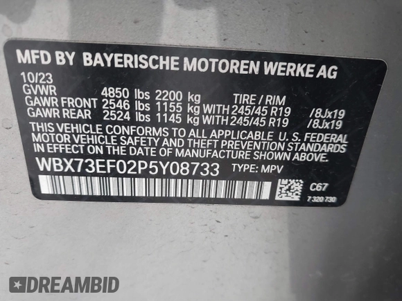 2023 BMW X1 xDrive28i with VIN WBX73EF02P5Y08733, listed as a IAAI auction lot 41901171 with 13,684 mi miles and . Bid and sale history available at DreamBid. Image 9.