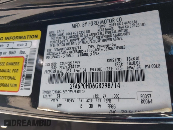 2016 Ford Fusion SE with VIN 3FA6P0HD6GR298714, listed as a IAAI auction lot 42128922 with 181,093 mi miles. Bid and sale history available at carsss.com. Image 9.