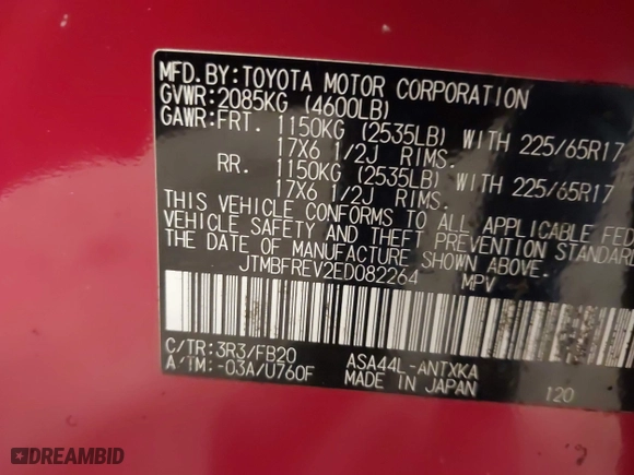 2014 Toyota RAV4 LE with VIN JTMBFREV2ED082264, listed as a IAAI auction lot 41878742 with 129,664 mi miles. Bid and sale history available at carsss.com. Image 9.