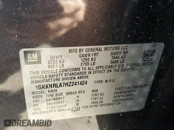 2017 GMC Acadia SLE with VIN 1GKKNRLA7HZ241424, listed as a Copart auction lot 50952505 with 142,860 mi miles and Salvage title. Bid and sale history available at DreamBid. Image 13.