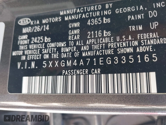 2014 Kia Optima LX with VIN 5XXGM4A71EG335165, listed as a IAAI auction lot 42052378 with 154,574 mi miles. Bid and sale history available at carsss.com. Image 9.
