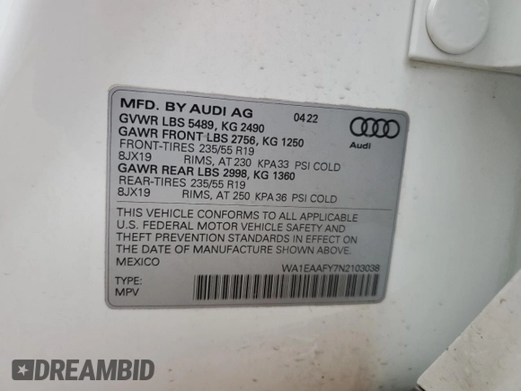 2022 Audi Q5 S line Premium Plus with VIN WA1EAAFY7N2103038, listed as a Copart auction lot 87447034 with 25,650 mi miles and Salvage Title. Bid and sale history available at carsss.com. Image 14.