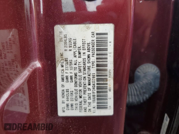 2016 Acura TLX with VIN 19UUB1F34GA007865, listed as a Copart auction lot 61728575 with 123,938 mi miles and Salvage title. Bid and sale history available at DreamBid. Image 12.