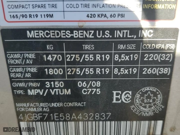 2008 Mercedes-Benz GL-Class 4.6L with VIN 4JGBF71E58A432837, listed as a Copart auction lot 53854885 with 415,230 mi miles and Salvage Title. Bid and sale history available at carsss.com. Image 14.
