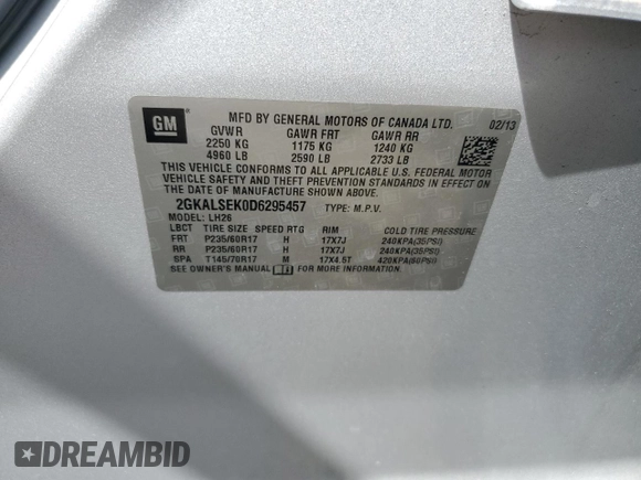 2013 GMC Terrain SLE with VIN 2GKALSEK0D6295457, listed as a Copart auction lot 51103055 with 110,516 mi miles and Salvage title. Bid and sale history available at DreamBid. Image 14.