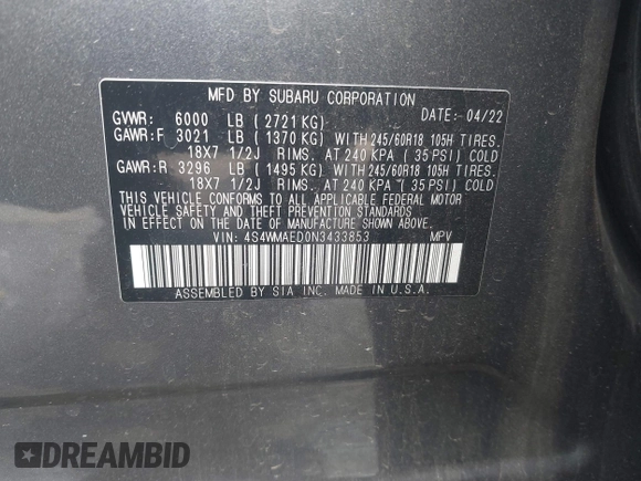 2022 Subaru Ascent Premium z VIN 4S4WMAED0N3433853, wystawiony jako IAAI lot #41911461 z przebiegiem 50 045 mil mil oraz . Historia ofert i sprzedaży dostępna na DreamBid. Obrazek 9.