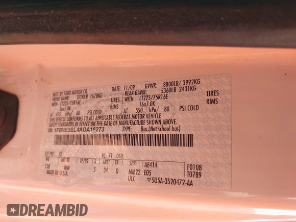 2010 Ford Econoline Passenger XL with VIN 1FBNE3BL4ADA18273, listed as a IAAI auction lot 42032816 with Not provided miles and . Bid and sale history available at DreamBid. Image 9.