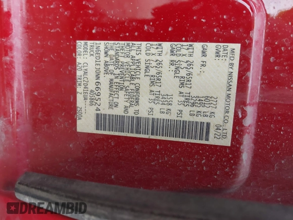 2022 Nissan Frontier SV with VIN 1N6ED1EJ0NN669524, listed as a IAAI auction lot 41889689 with 99,074 mi miles and . Bid and sale history available at DreamBid. Image 9.