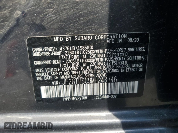 2021 Subaru Crosstrek Special Sports with VIN JF2GTHSC9MH243746, listed as a Copart auction lot 60811825 with 44,364 mi miles and Salvage title. Bid and sale history available at DreamBid. Image 12.