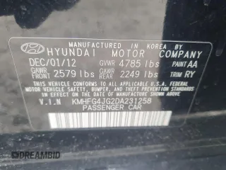 2013 Hyundai Azera with VIN KMHFG4JG2DA231258, listed as a Copart auction lot 51114855 with 180,352 mi miles and Salvage title. Bid and sale history available at DreamBid. Image 12.